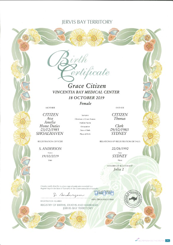 Download Australia Jervis Bay Territory decorative birth certificate template in PSD format Photoshop template